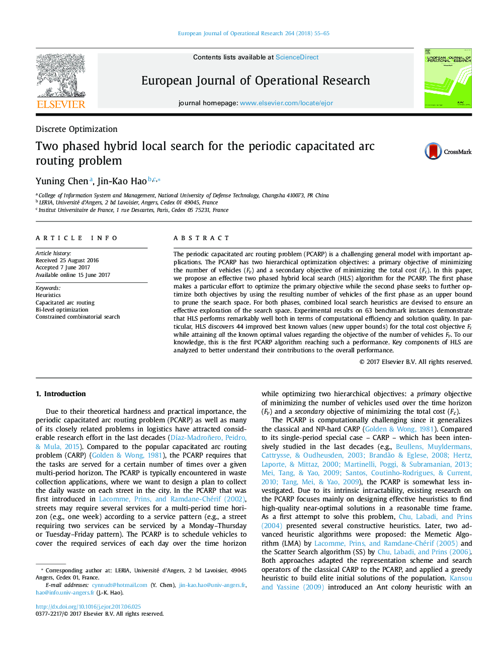 Two phased hybrid local search for the periodic capacitated arc routing problem