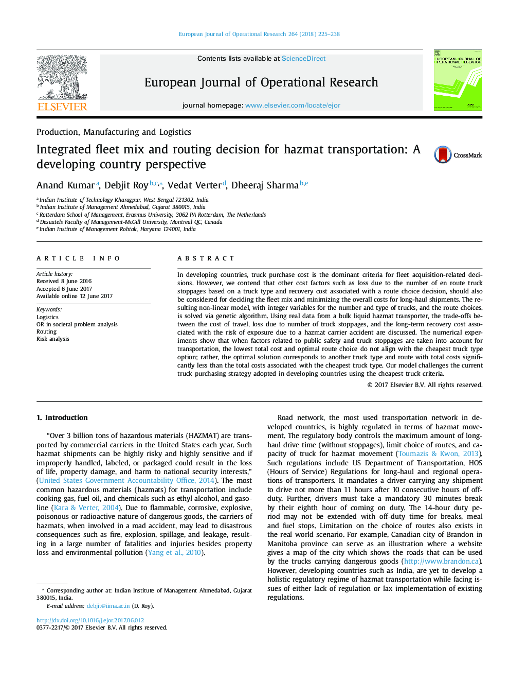 Integrated fleet mix and routing decision for hazmat transportation: A developing country perspective