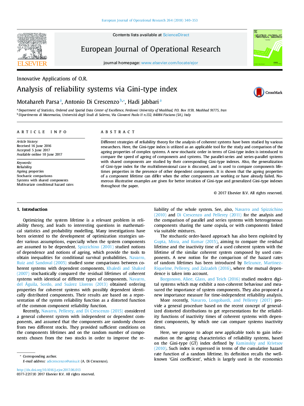 Analysis of reliability systems via Gini-type index