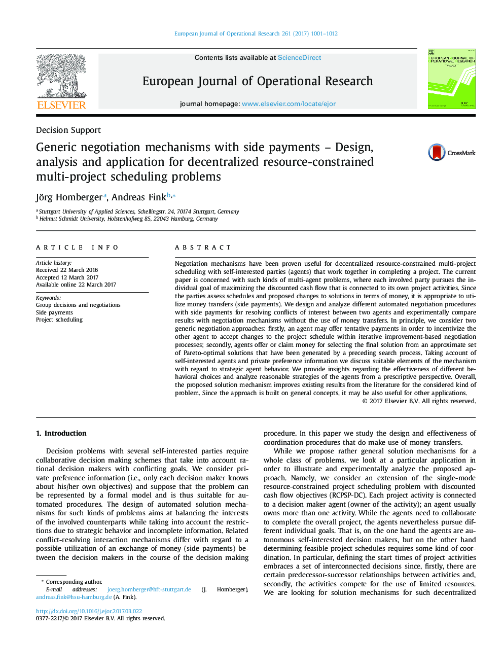 Generic negotiation mechanisms with side payments - Design, analysis and application for decentralized resource-constrained multi-project scheduling problems