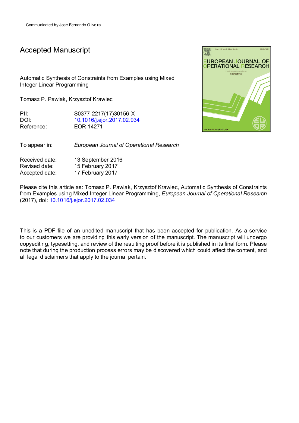 Automatic synthesis of constraints from examples using mixed integer linear programming