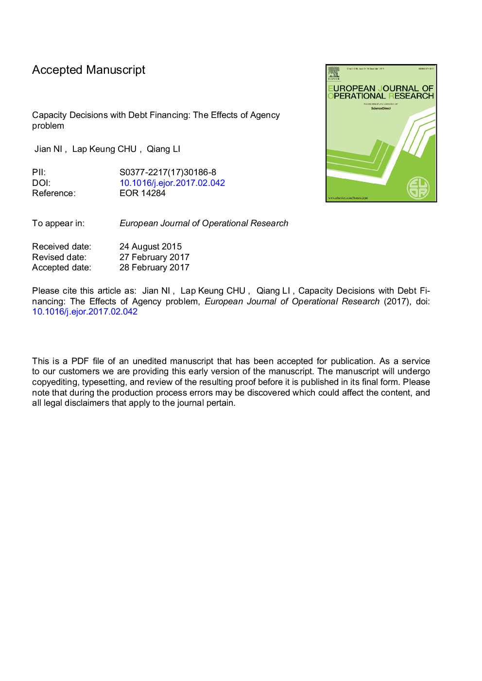 Capacity decisions with debt financing: The effects of agency problem