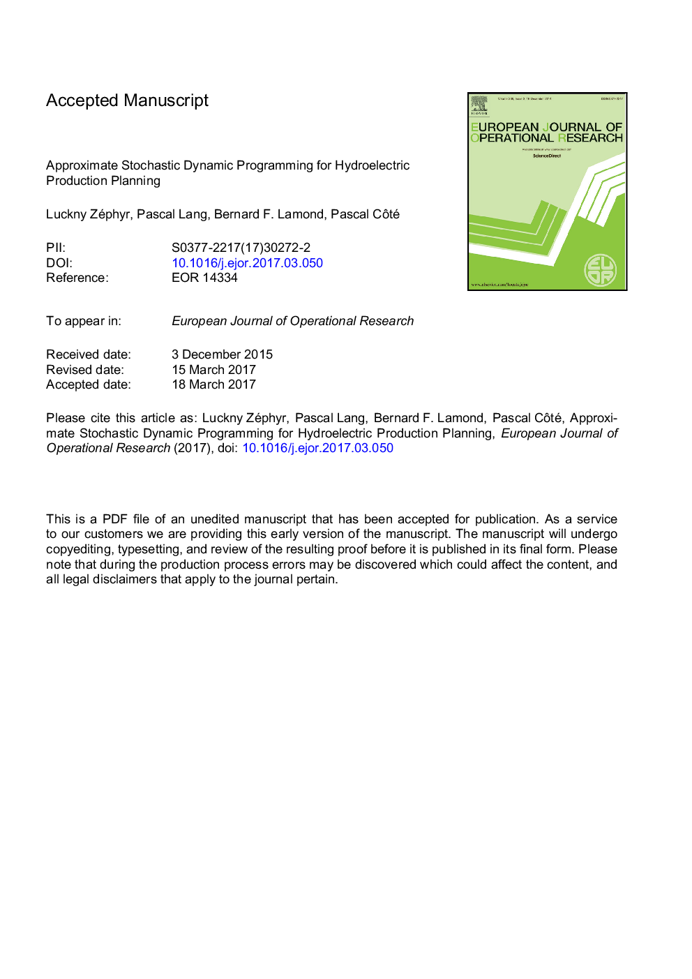 Approximate stochastic dynamic programming for hydroelectric production planning