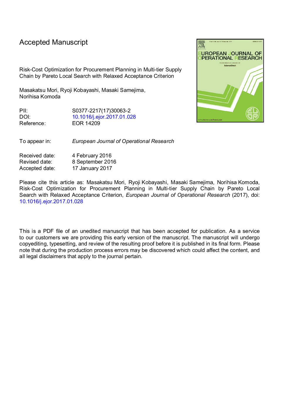 Risk-cost optimization for procurement planning in multi-tier supply chain by Pareto Local Search with relaxed acceptance criterion