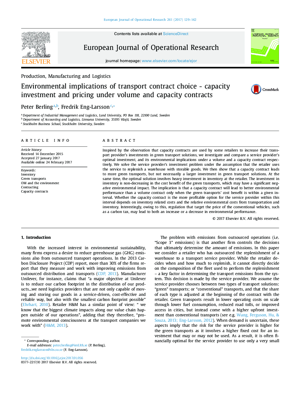 Environmental implications of transport contract choice - capacity investment and pricing under volume and capacity contracts