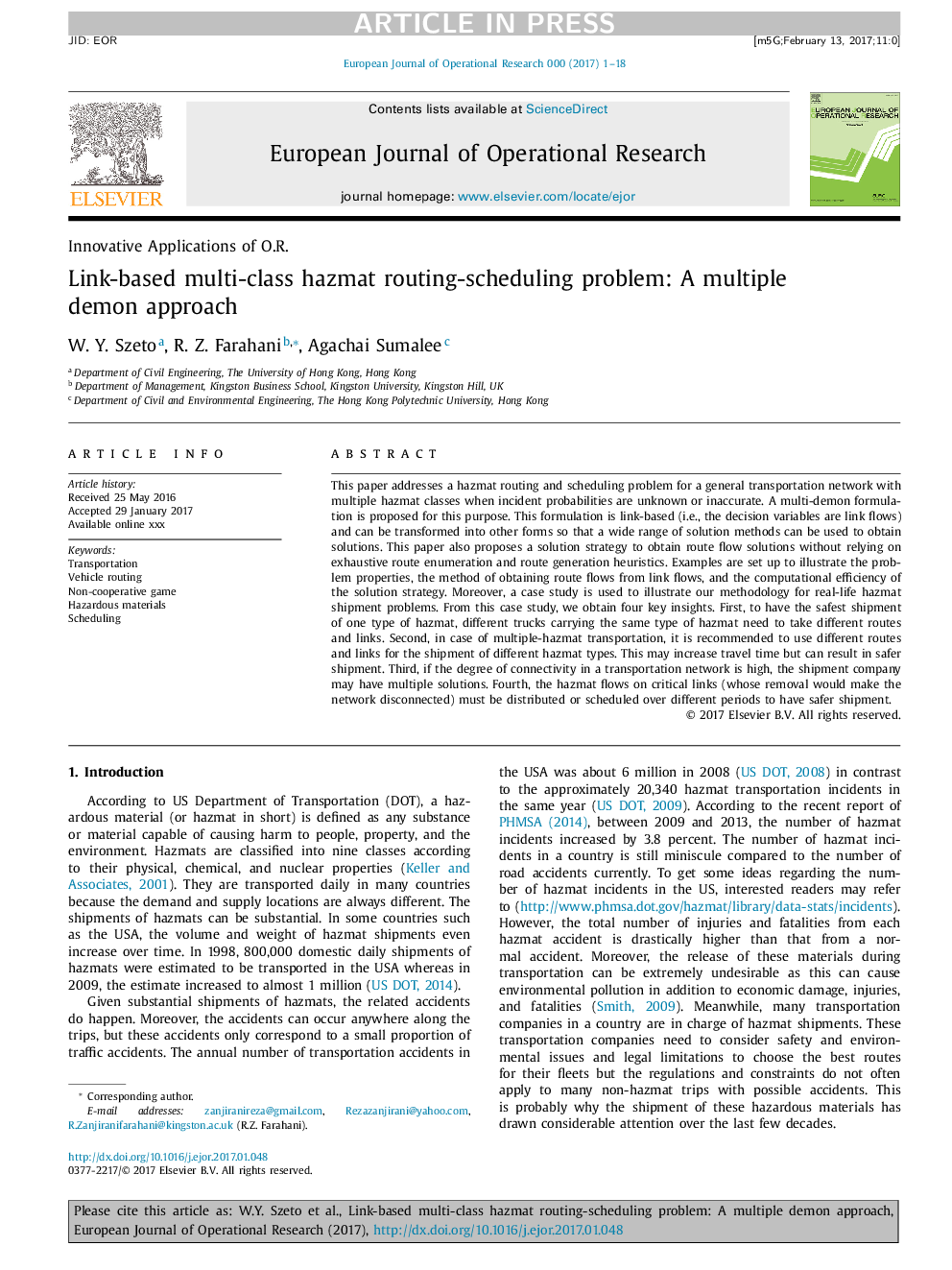 Link-based multi-class hazmat routing-scheduling problem: A multiple demon approach