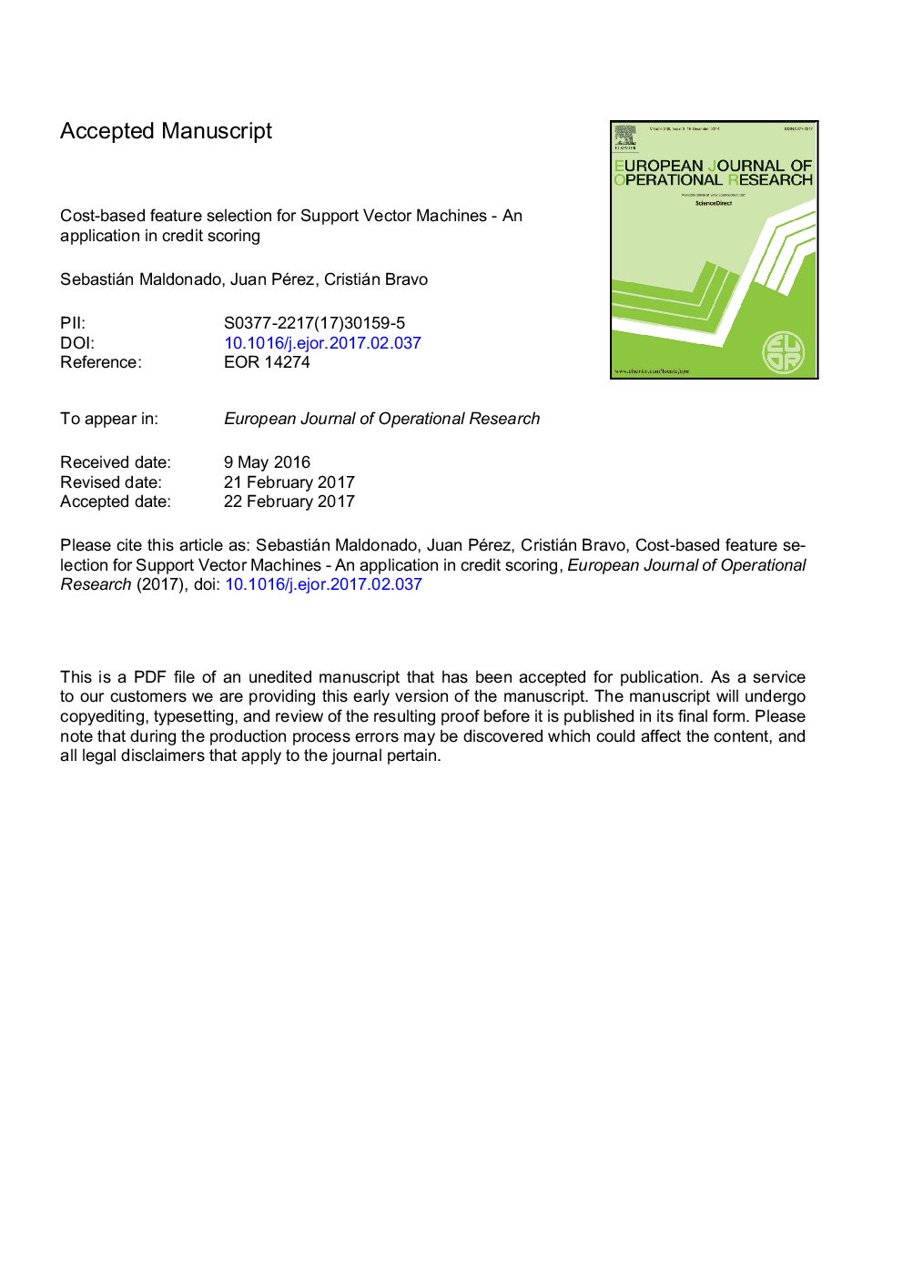 Cost-based feature selection for Support Vector Machines: An application in credit scoring