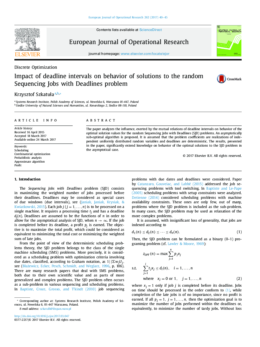 Impact of deadline intervals on behavior of solutions to the random Sequencing Jobs with Deadlines problem