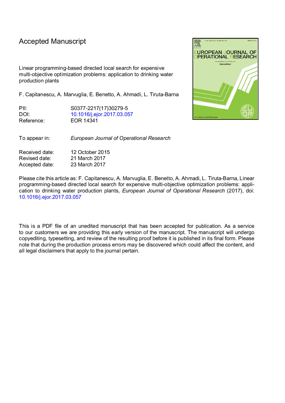 Linear programming-based directed local search for expensive multi-objective optimization problems: Application to drinking water production plants