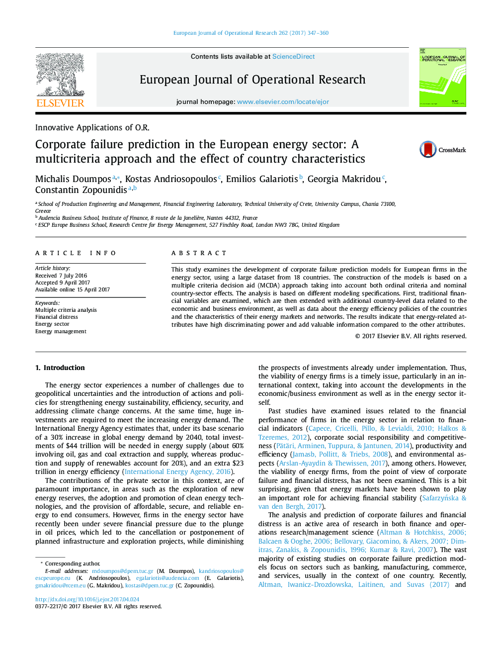 Innovative Applications of O.R.Corporate failure prediction in the European energy sector: A multicriteria approach and the effect of country characteristics