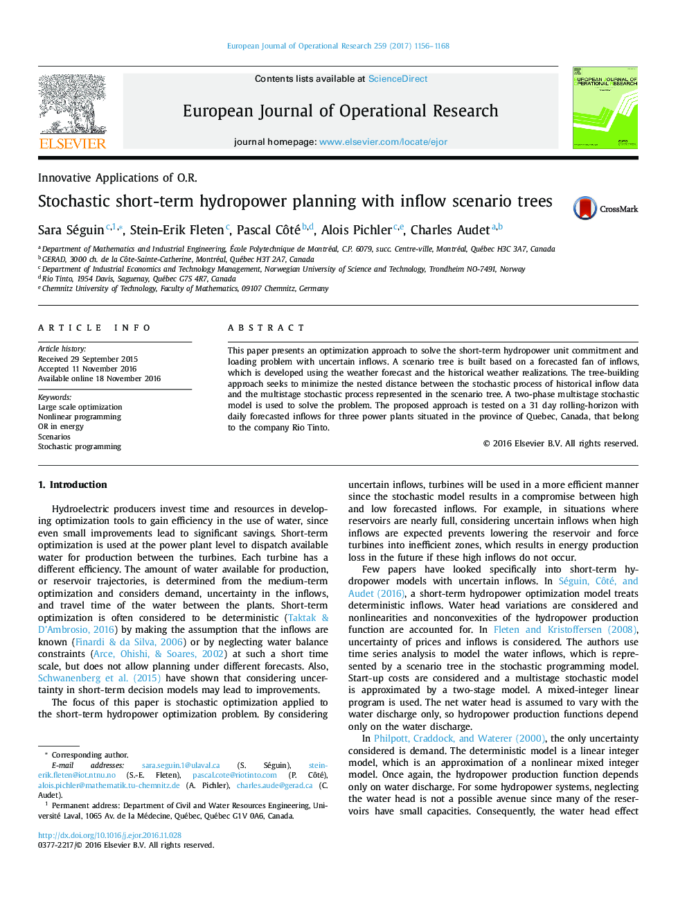 Innovative Applications of O.R.Stochastic short-term hydropower planning with inflow scenario trees