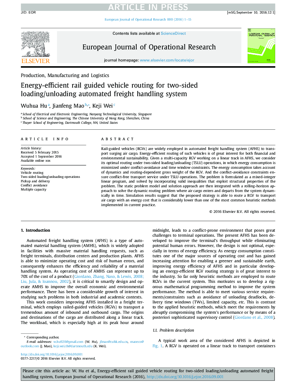 Energy-efficient rail guided vehicle routing for two-sided loading/unloading automated freight handling system