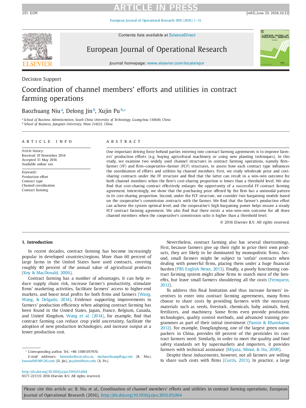 Coordination of channel members' efforts and utilities in contract farming operations