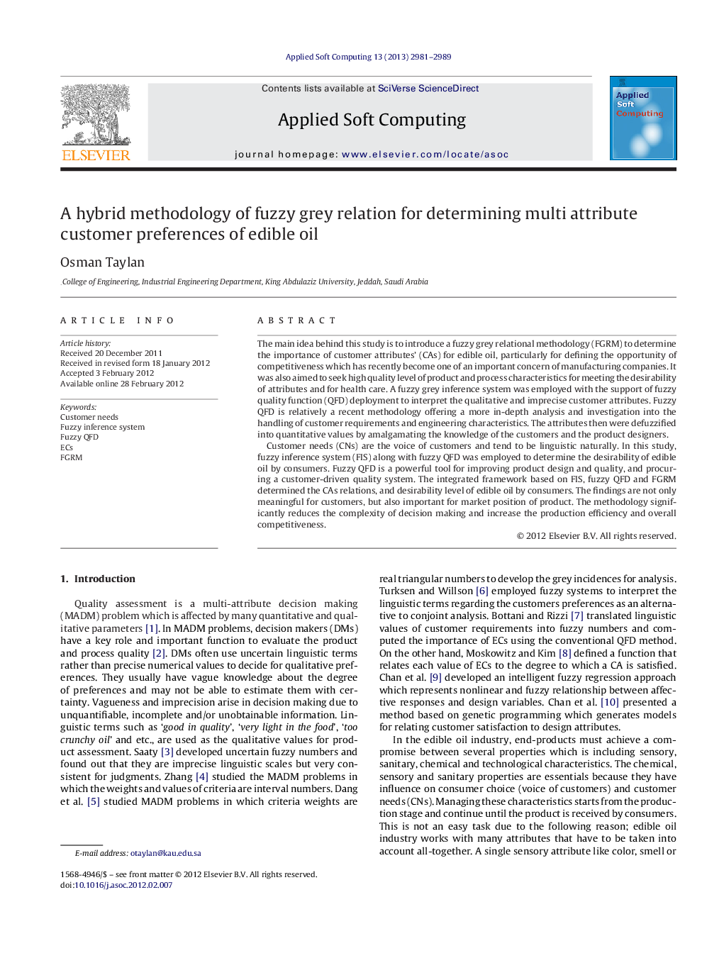 A hybrid methodology of fuzzy grey relation for determining multi attribute customer preferences of edible oil