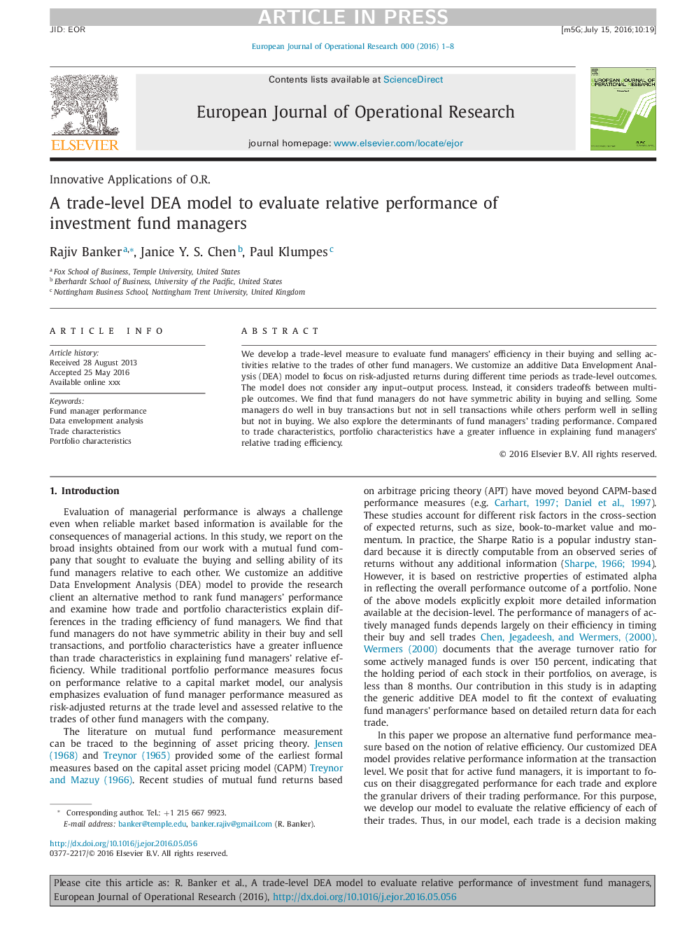 A trade-level DEA model to evaluate relative performance of investment fund managers