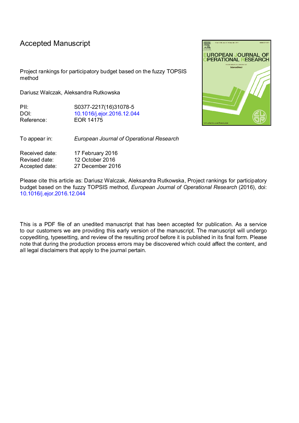 Project rankings for participatory budget based on the fuzzy TOPSIS method