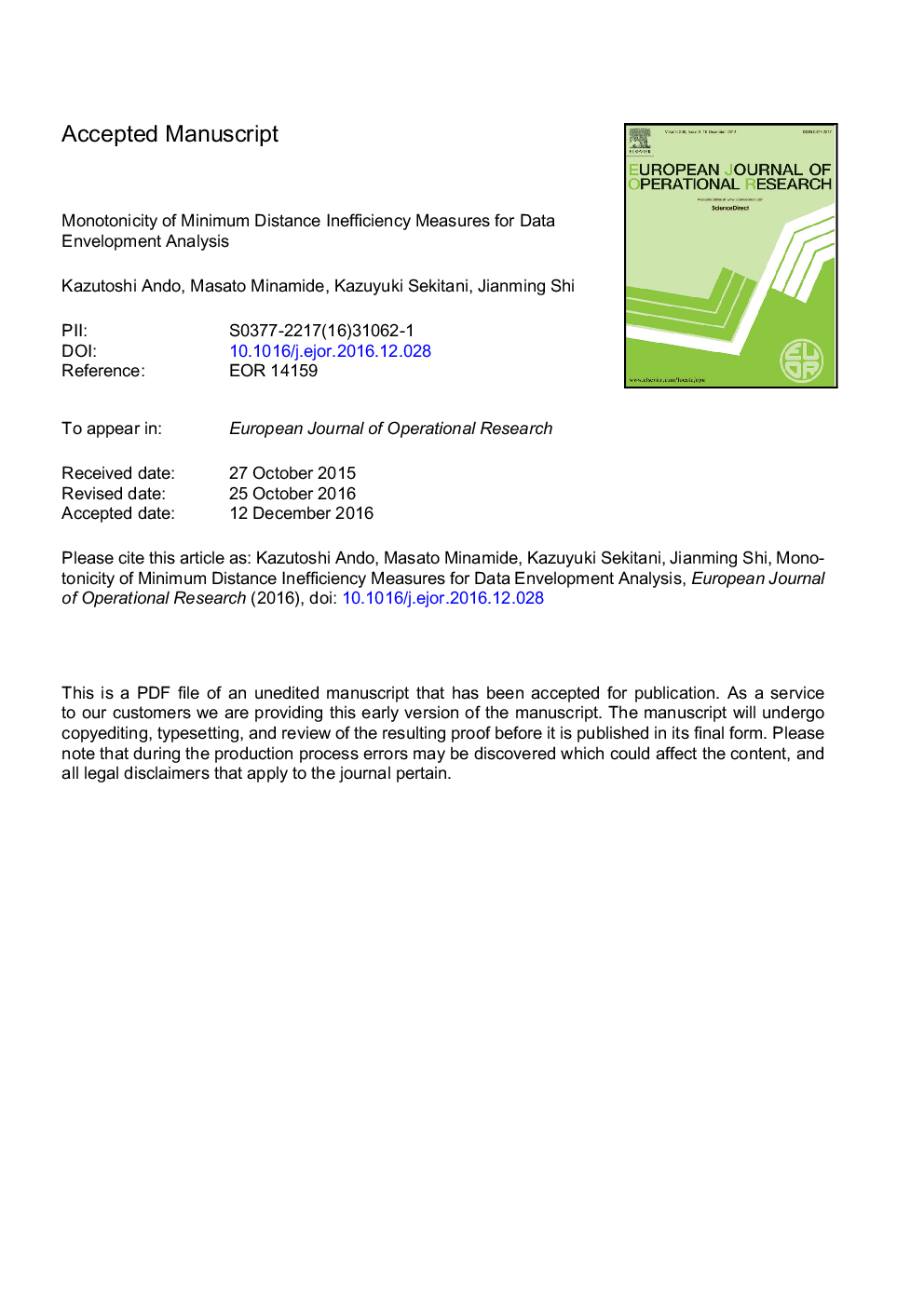 Monotonicity of minimum distance inefficiency measures for Data Envelopment Analysis