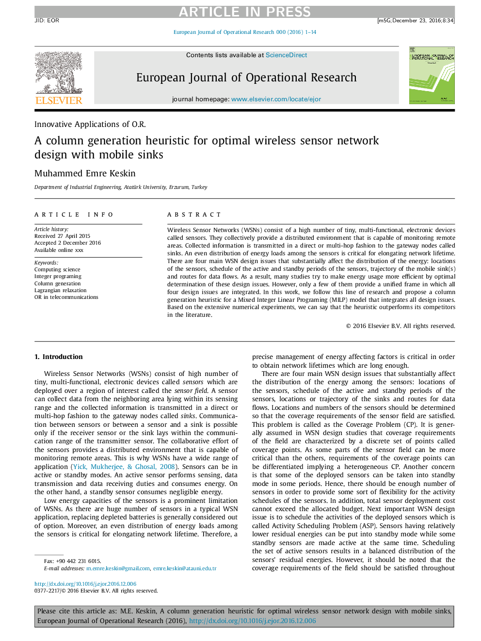 A column generation heuristic for optimal wireless sensor network design with mobile sinks