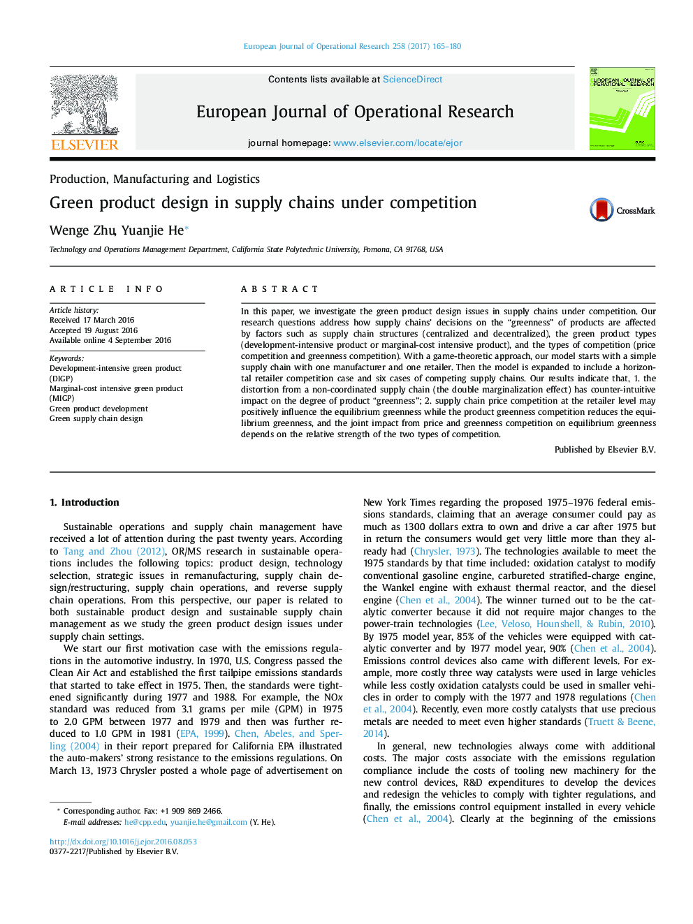 Production, Manufacturing and LogisticsGreen product design in supply chains under competition