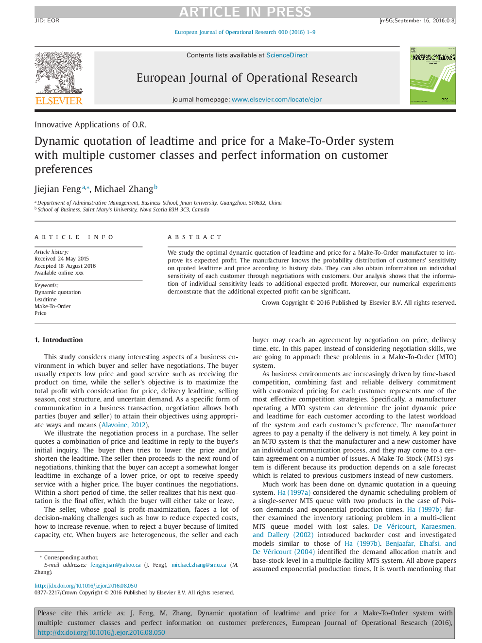 Dynamic quotation of leadtime and price for a Make-To-Order system with multiple customer classes and perfect information on customer preferences