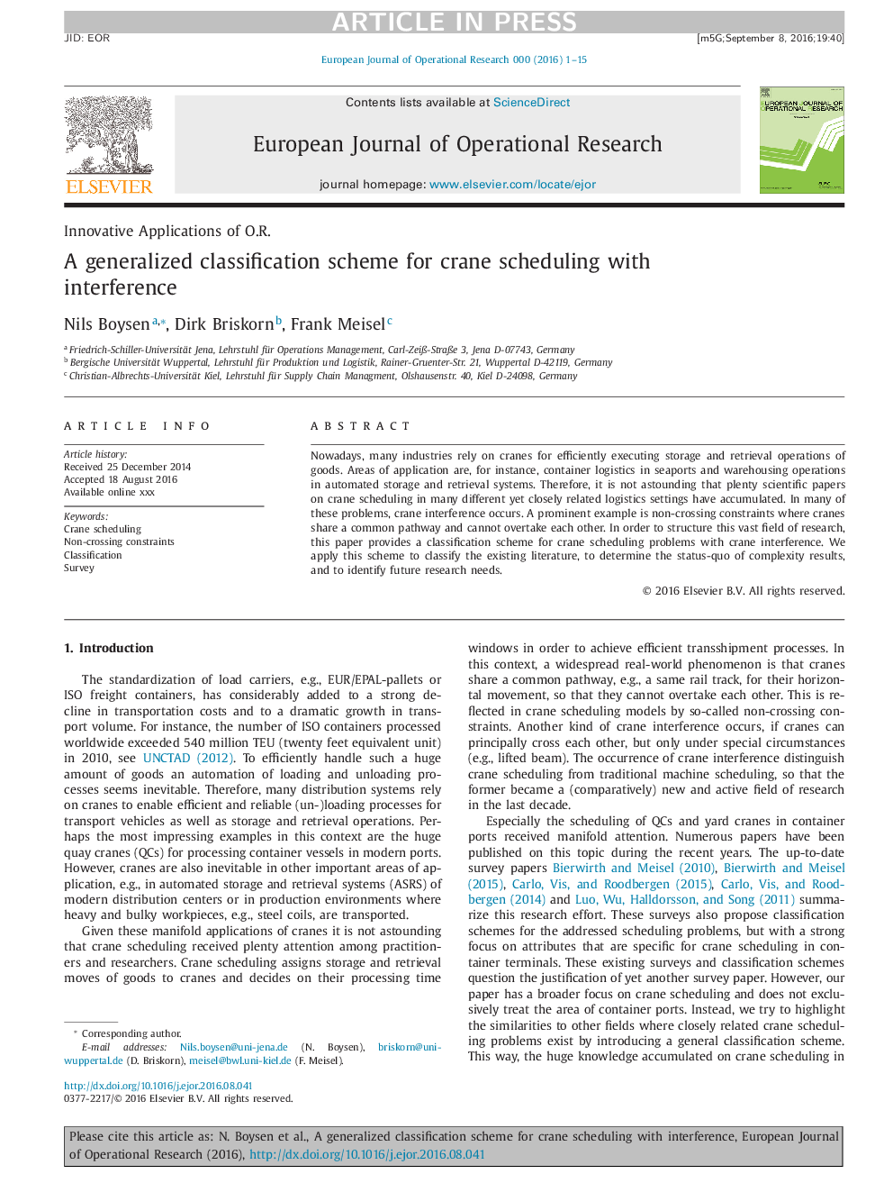 A generalized classification scheme for crane scheduling with interference