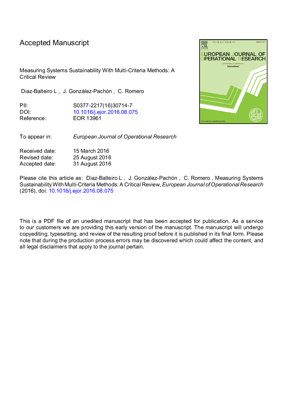 Measuring systems sustainability with multi-criteria methods: A critical review