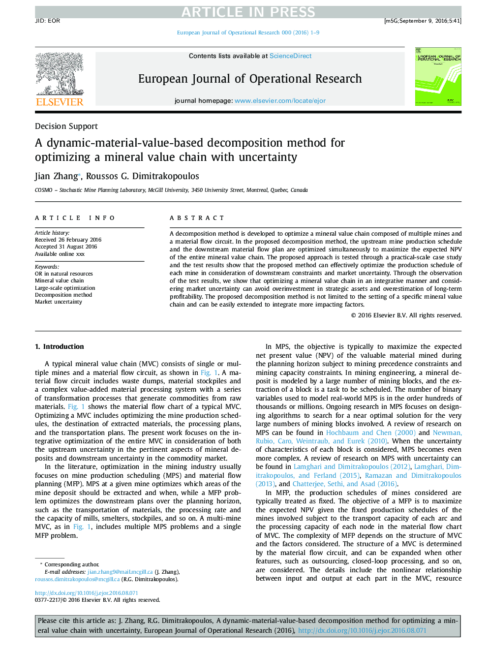 A dynamic-material-value-based decomposition method for optimizing a mineral value chain with uncertainty