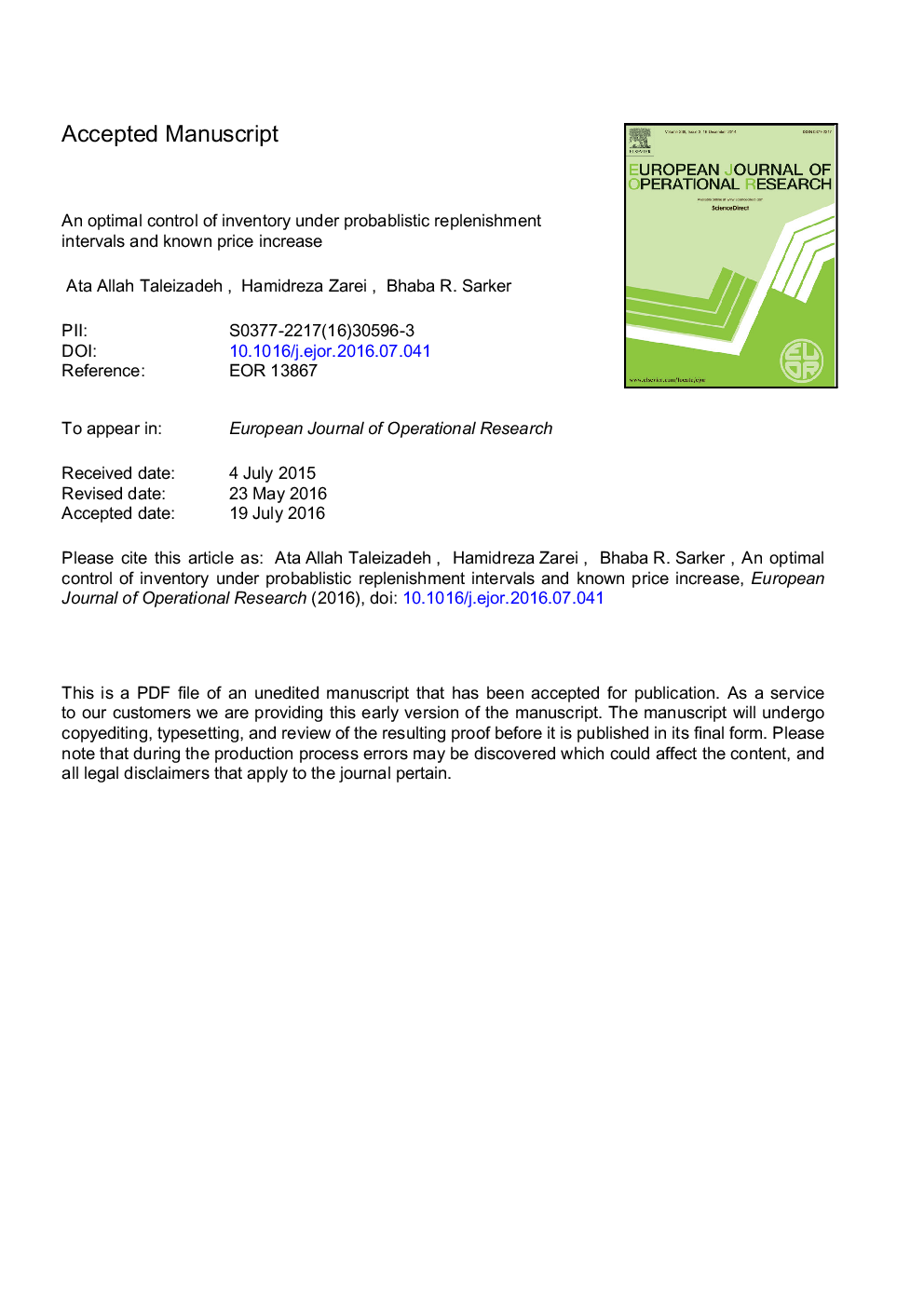 An optimal control of inventory under probablistic replenishment intervals and known price increase