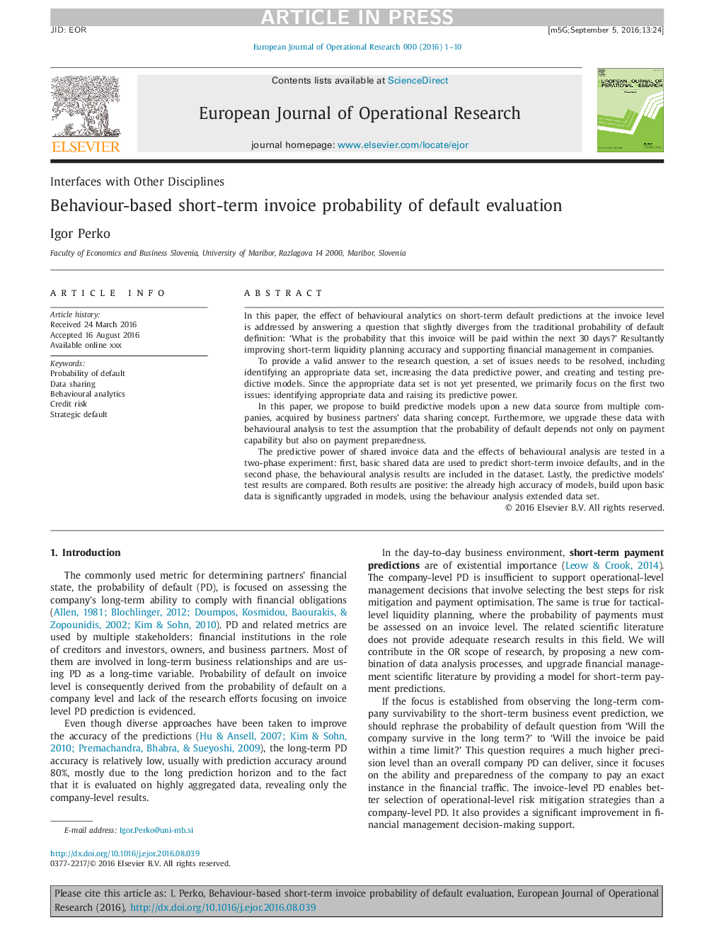 Behaviour-based short-term invoice probability of default evaluation
