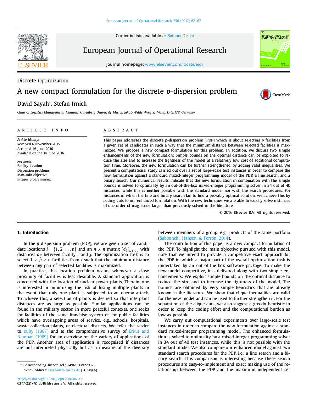 A new compact formulation for the discrete p-dispersion problem