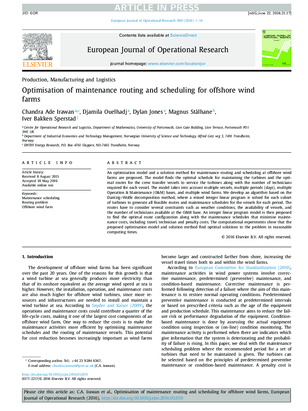 Optimisation of maintenance routing and scheduling for offshore wind farms