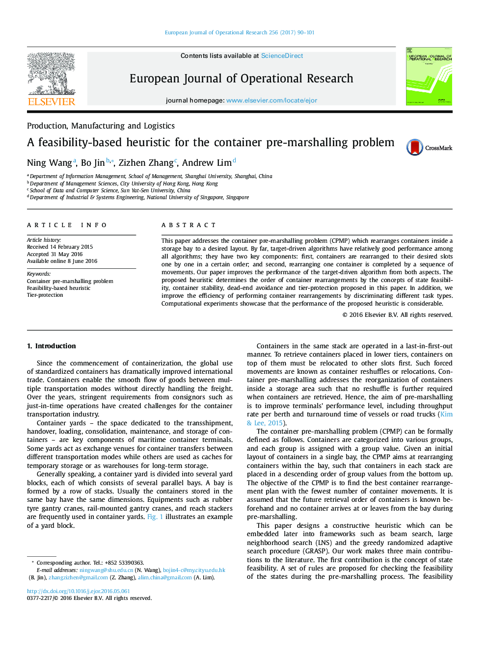 A feasibility-based heuristic for the container pre-marshalling problem