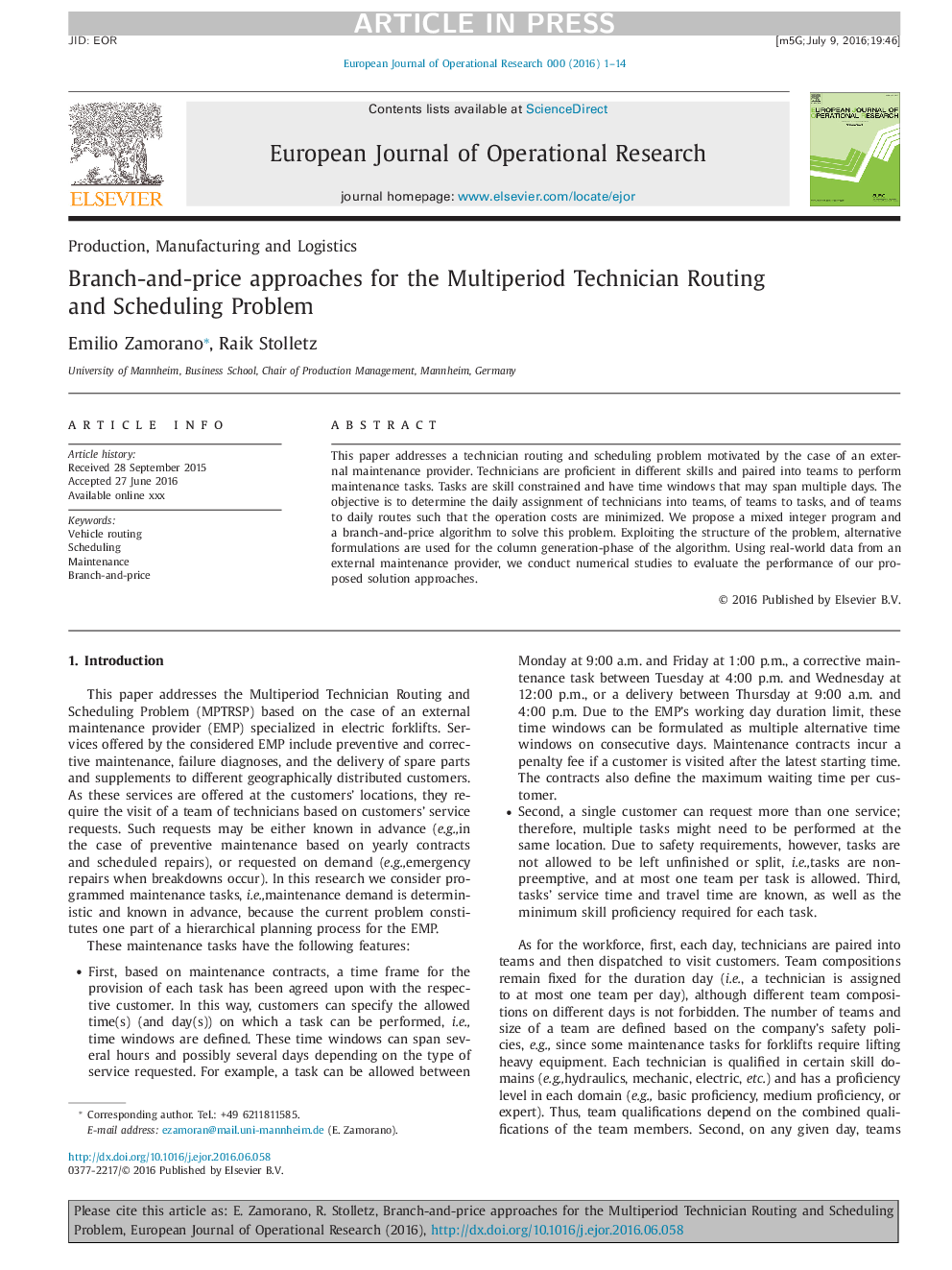 Branch-and-price approaches for the Multiperiod Technician Routing and Scheduling Problem