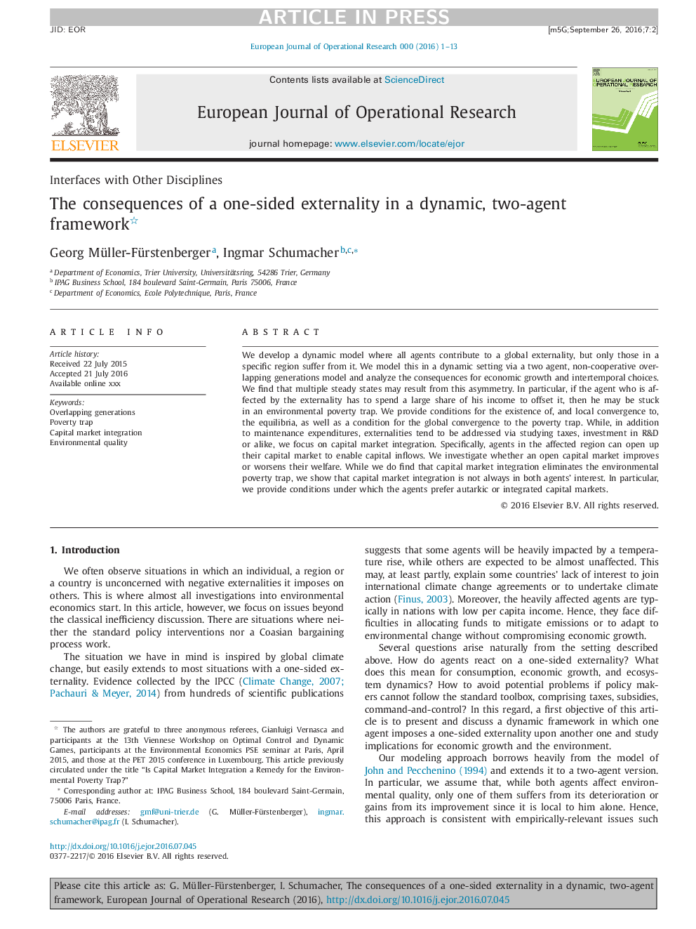 The consequences of a one-sided externality in a dynamic, two-agent framework