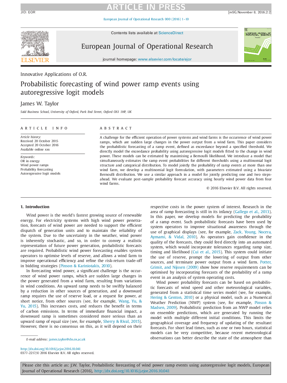 Probabilistic forecasting of wind power ramp events using autoregressive logit models