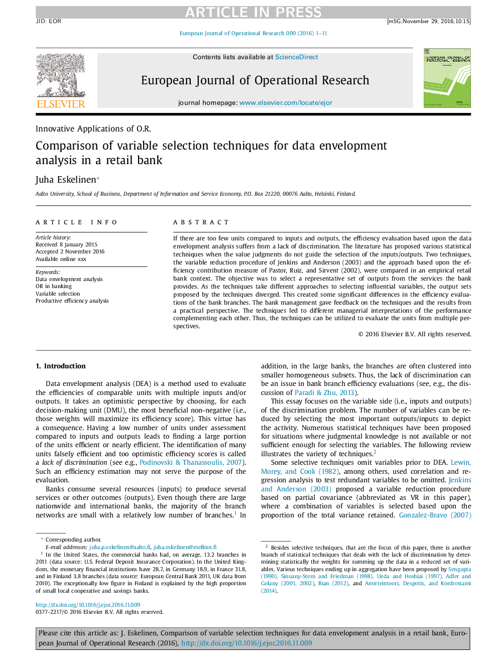 Comparison of variable selection techniques for data envelopment analysis in a retail bank