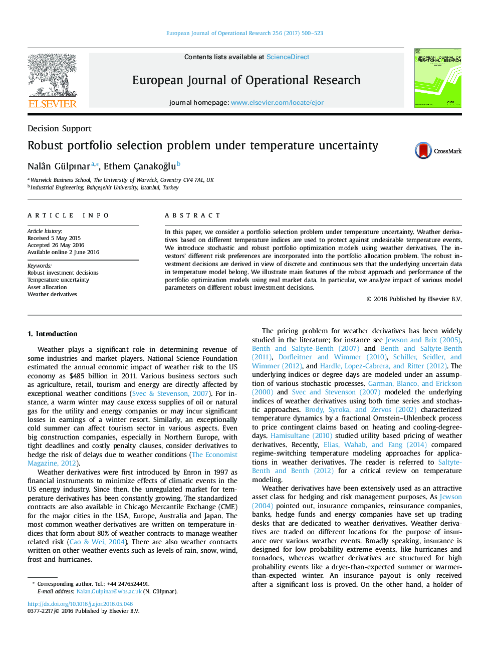 Robust portfolio selection problem under temperature uncertainty