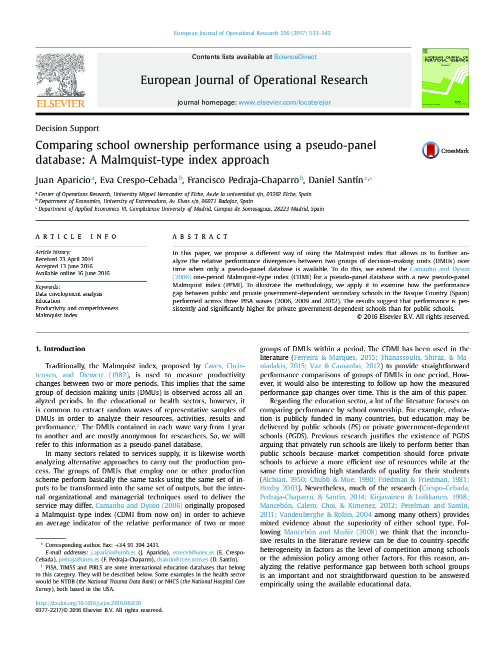 Comparing school ownership performance using a pseudo-panel database: A Malmquist-type index approach