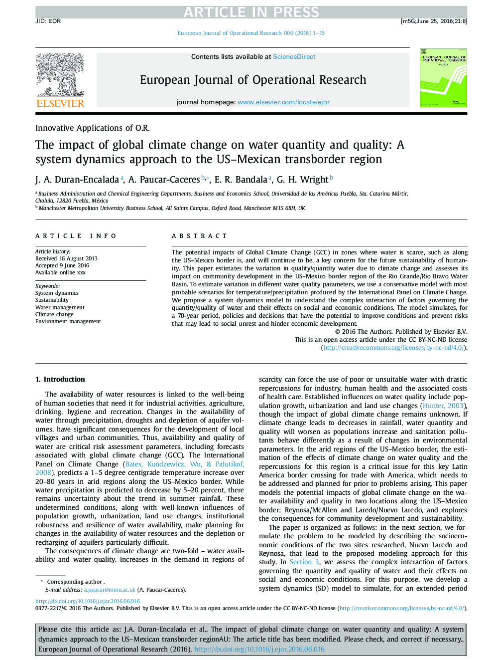 The impact of global climate change on water quantity and quality: A system dynamics approach to the US-Mexican transborder region
