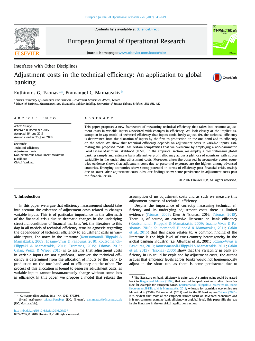 Adjustment costs in the technical efficiency: An application to global banking