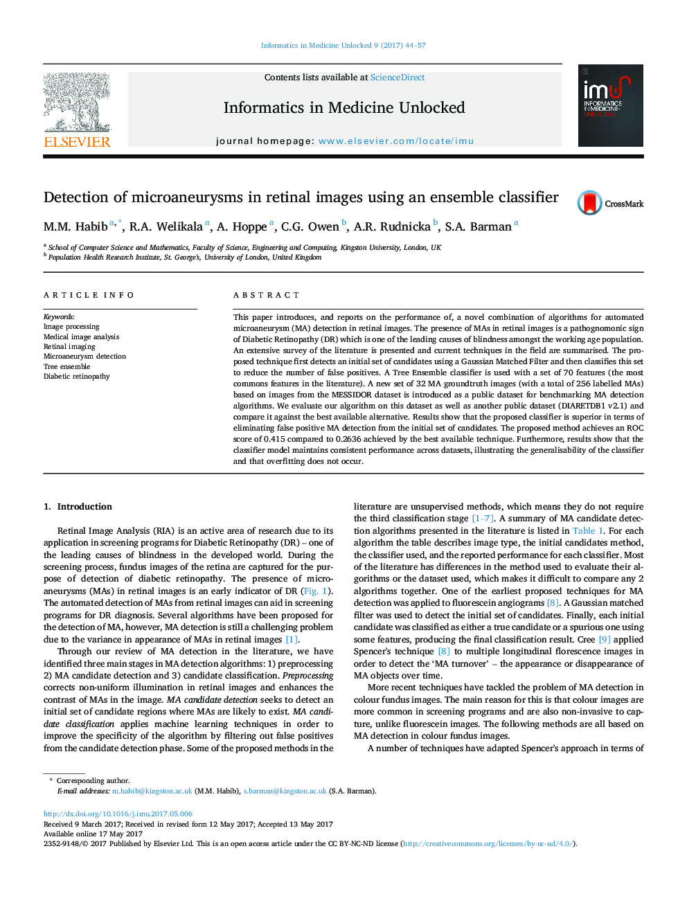 Detection of microaneurysms in retinal images using an ensemble classifier