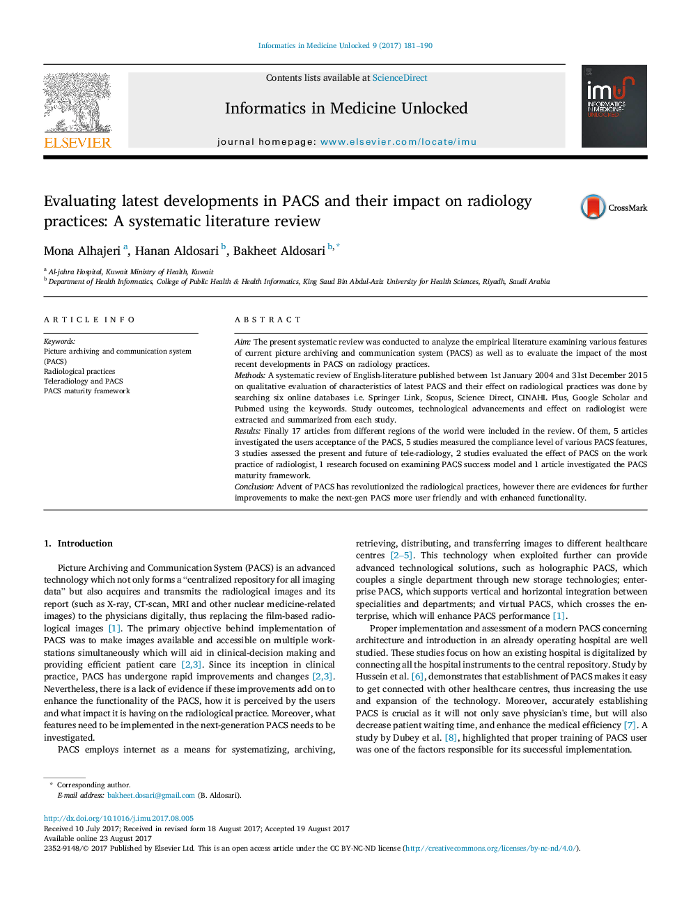 Evaluating latest developments in PACS and their impact on radiology practices: A systematic literature review