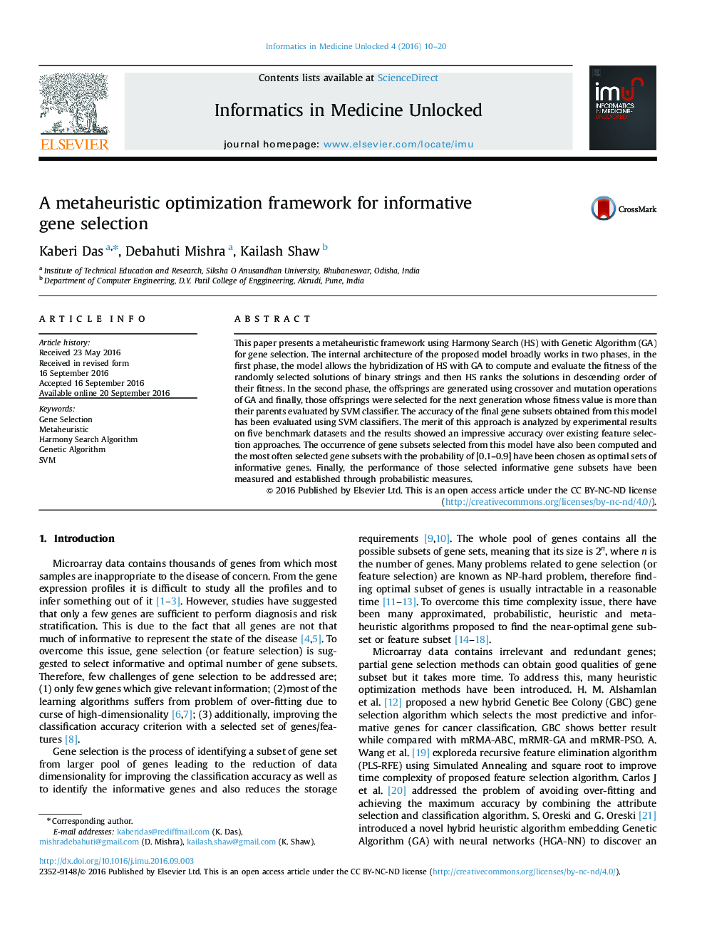 A metaheuristic optimization framework for informative gene selection