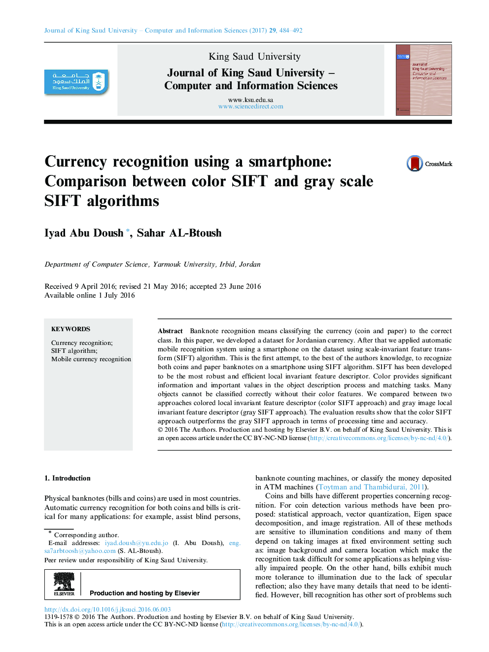 Currency recognition using a smartphone: Comparison between color SIFT and gray scale SIFT algorithms