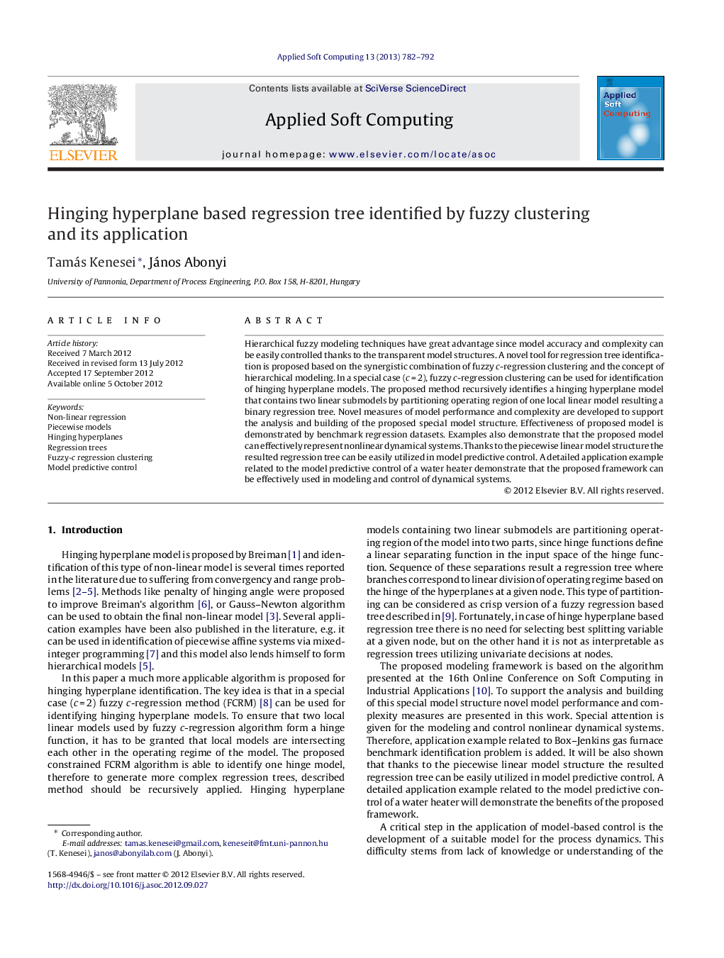 Hinging hyperplane based regression tree identified by fuzzy clustering and its application