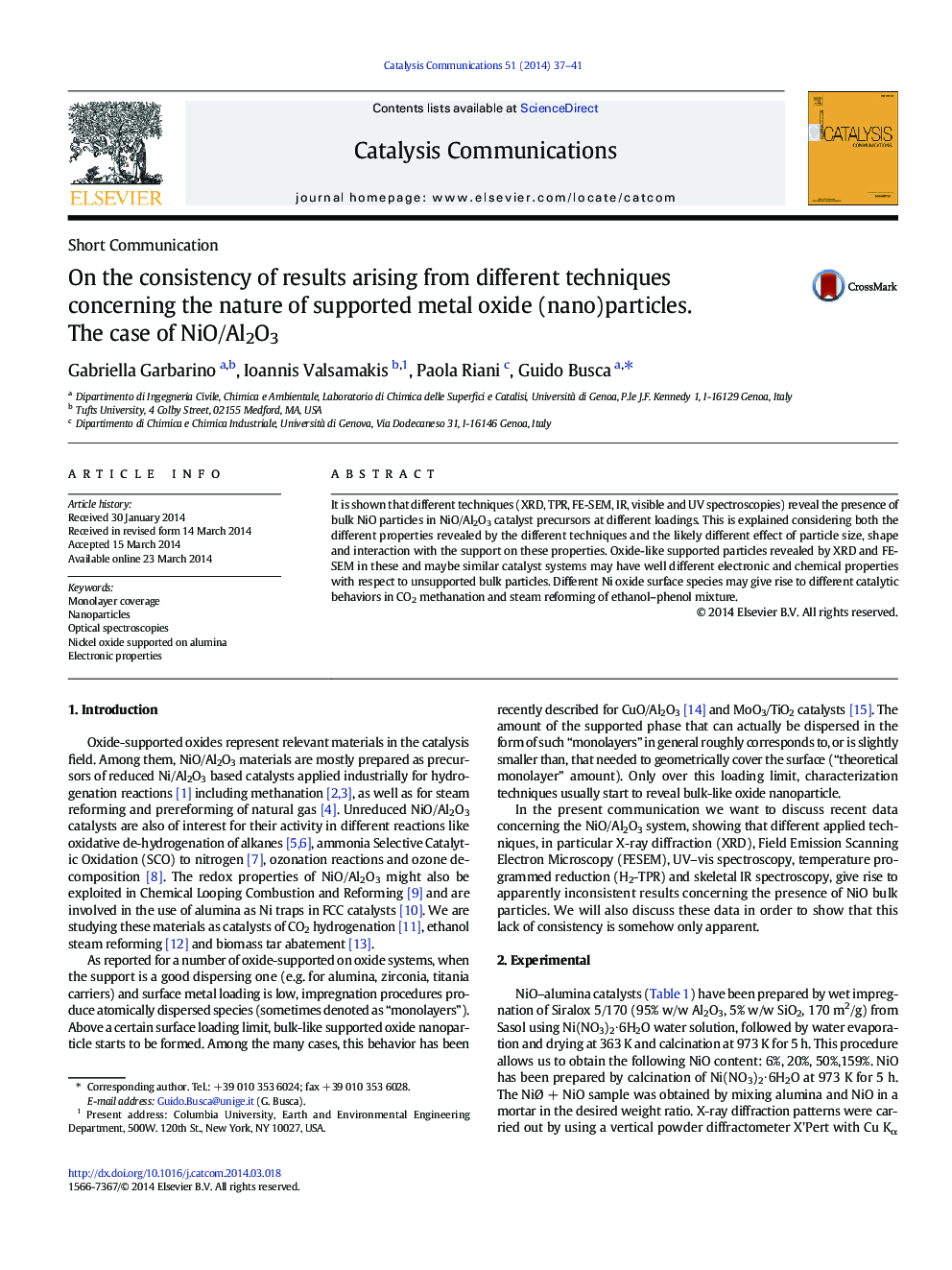 On the consistency of results arising from different techniques concerning the nature of supported metal oxide (nano)particles. The case of NiO/Al2O3