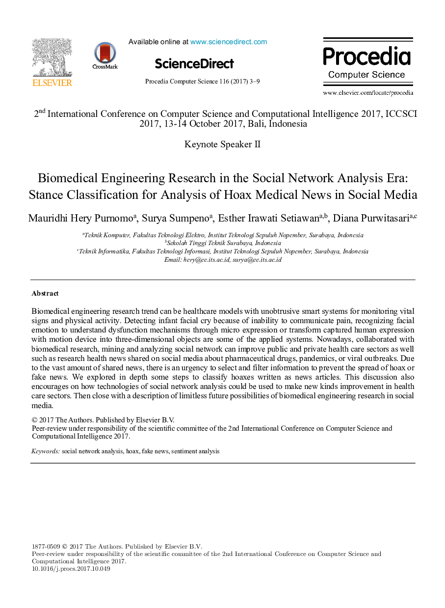 Keynote Speaker II: Biomedical Engineering Research in the Social Network Analysis Era: Stance Classification for Analysis of Hoax Medical News in Social Media