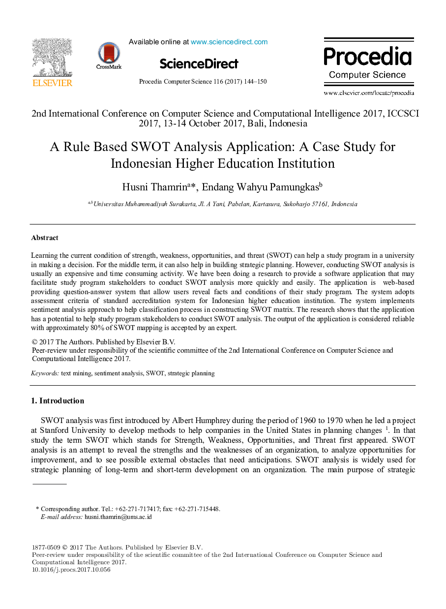 A Rule Based SWOT Analysis Application: A Case Study for Indonesian Higher Education Institution