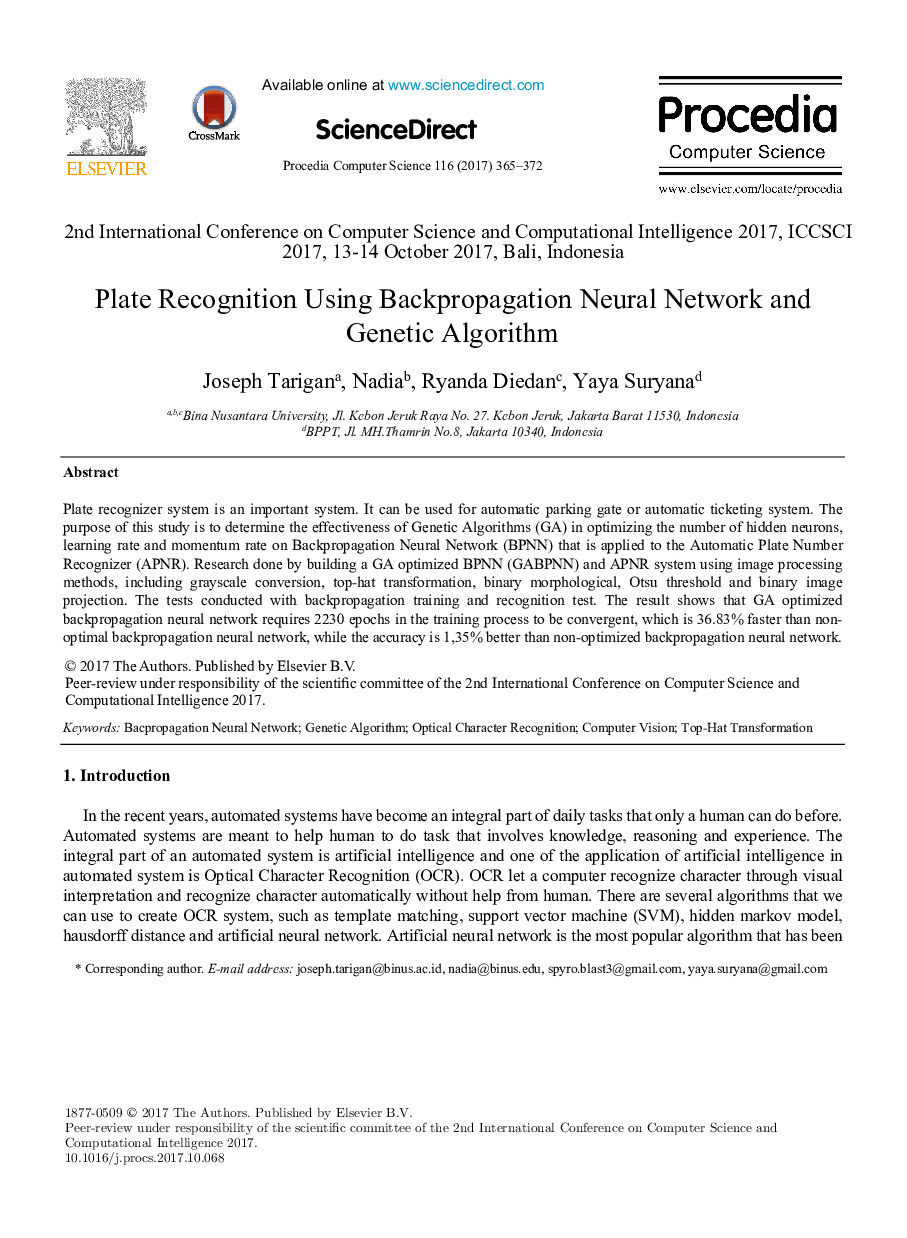 Plate Recognition Using Backpropagation Neural Network and Genetic Algorithm