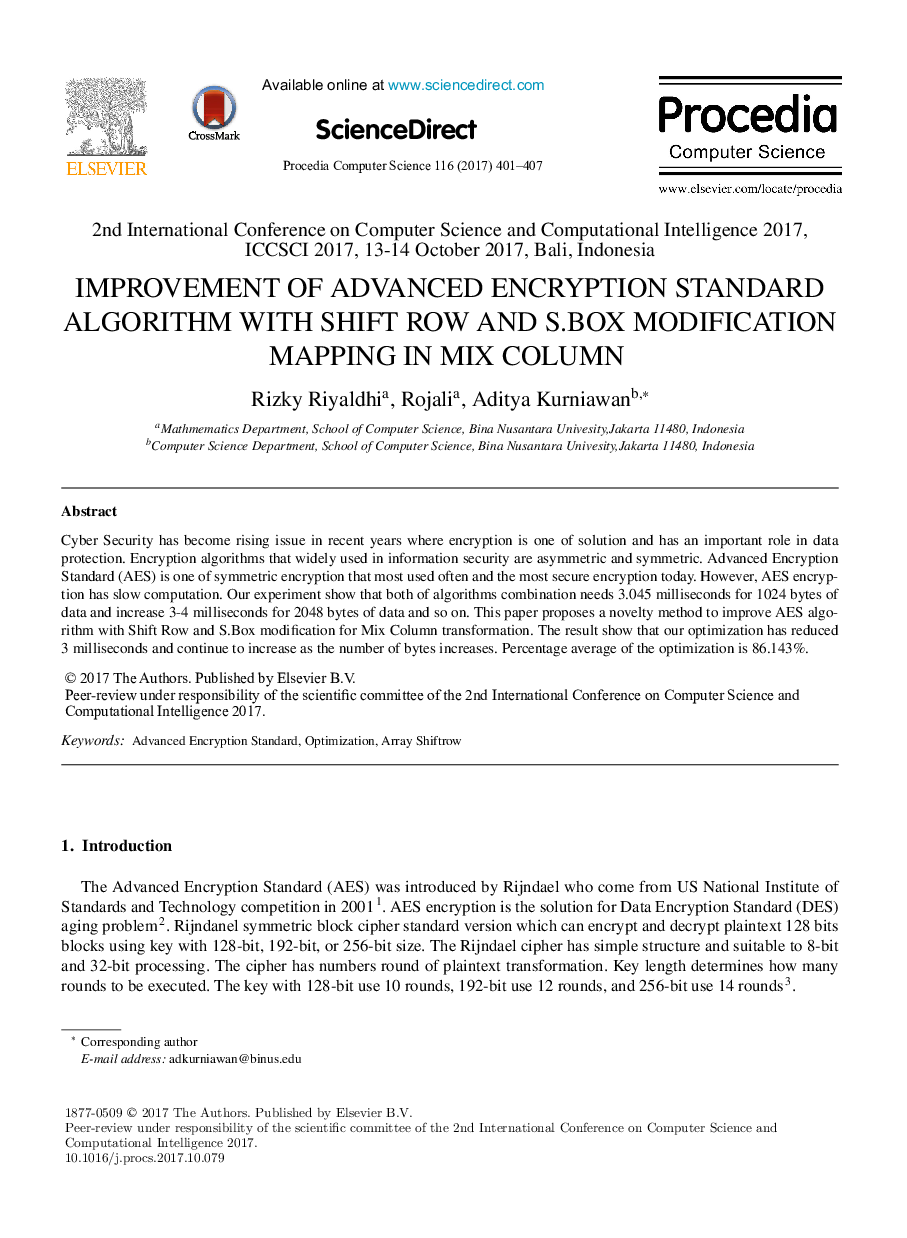 Improvement of Advanced Encryption Standard Algorithm With Shift Row and S.Box Modification Mapping in Mix Column